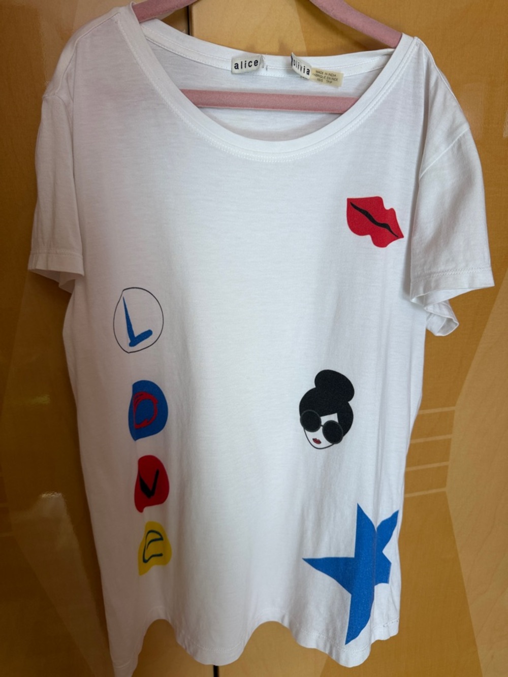 Alice + Olivia White Tee with Colorful Icons
